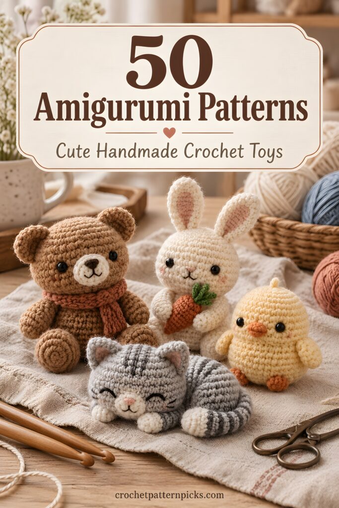 50 Amigurumi Patterns Amigurumi patterns featuring a bear, bunny, chick, and cat toys.