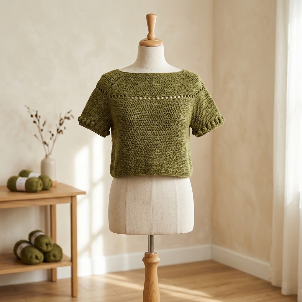 Easy Cozy Crochet Top — crochet tops patterns Easy Cozy Crochet Top in green on a mannequin, showcasing a seamless design. — crochet tops patterns