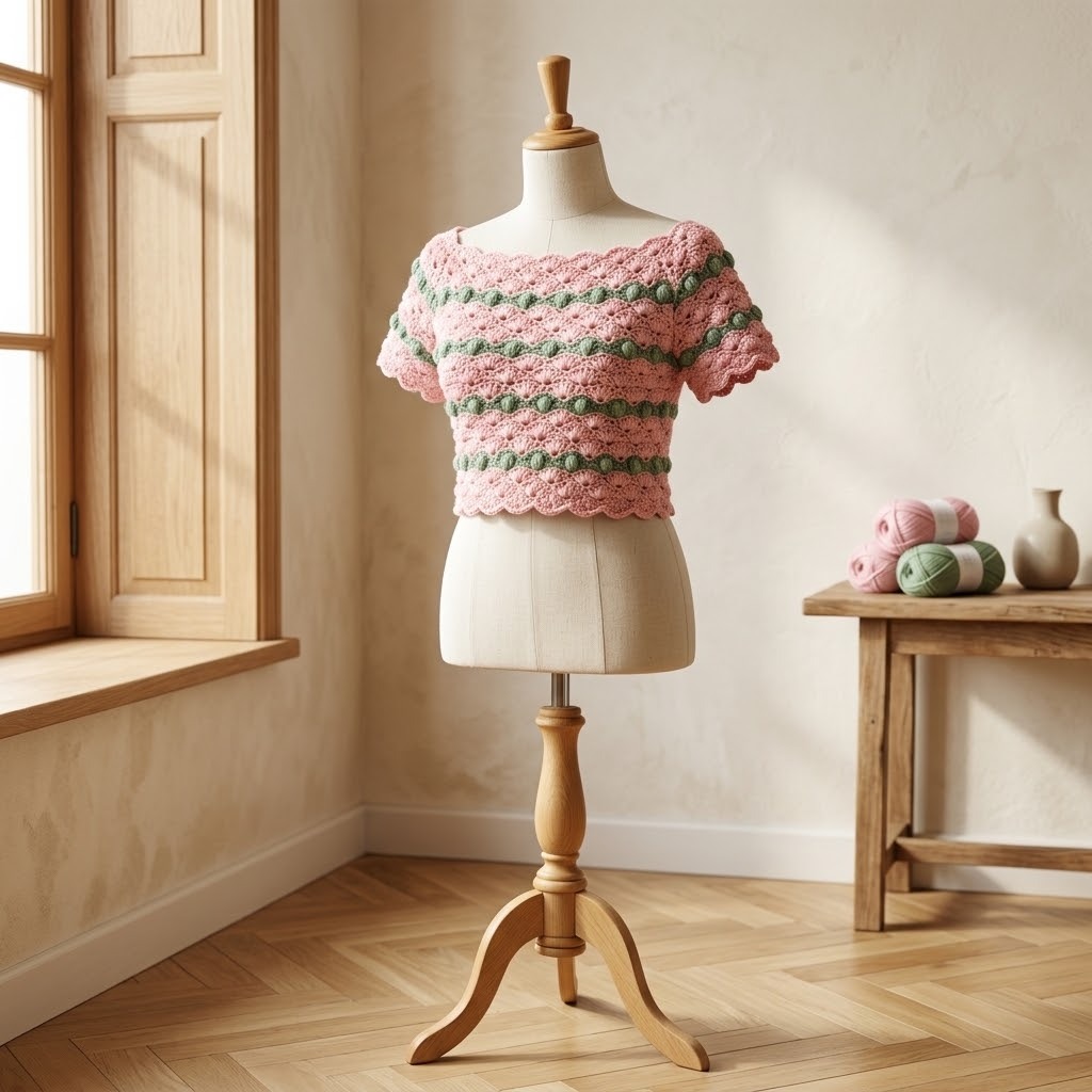 Cherry Blossom Top Crochet Pattern — crochet tops patterns Crochet tops patterns featuring a Cherry Blossom Top design in pink and green.