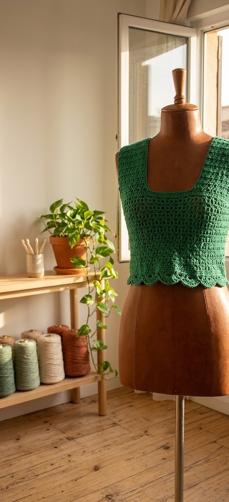 Crochet Tops Patterns Crochet tops patterns featuring a green crop top on a mannequin.