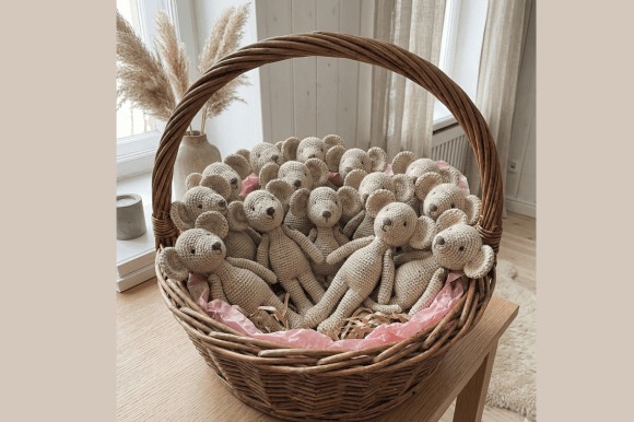 Amigurumi Patterns for Crochet Mice Basket filled with handmade crochet mice toys — amigurumi patterns