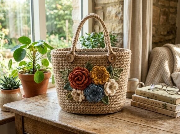Botanical Crochet Tote — crochet patterns Botanical crochet tote bag with floral embellishments — crochet patterns