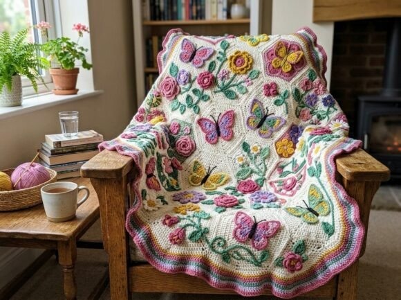 Butterfly Crochet Blanket — crochet patterns Butterfly Crochet Blanket with floral and butterfly designs on a chair — crochet patterns