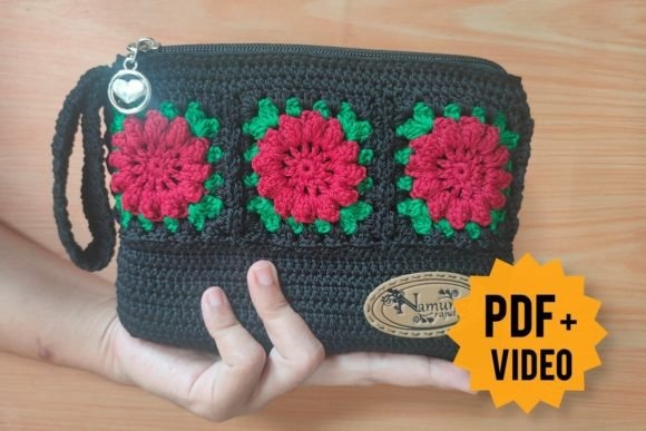 Crochet 3D Flower Pouch — things to crochet for creative handmade Crochet 3D Flower Pouch with red flowers and green accents — things to crochet for creative handmade