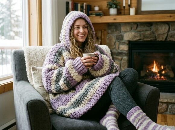 Cozy Crochet Blanket Hoodie — crochet patterns Cozy crochet blanket hoodie worn by a smiling woman — crochet patterns
