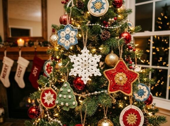Crochet Christmas Ornaments — crochet patterns Crochet Christmas ornaments hanging on a decorated tree. — crochet patterns