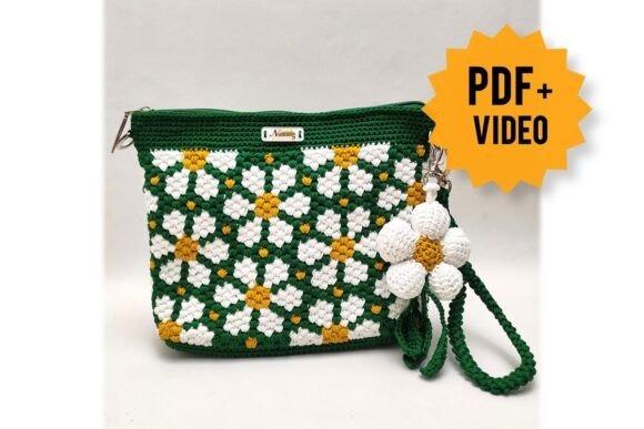 Crochet Daisy Bag — crochet bag patterns Crochet Daisy Bag Pattern featuring floral design in green, white, and yellow. — crochet bag patterns