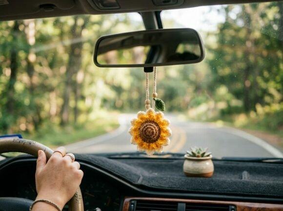 Crochet Floral Pendant — crochet patterns Crochet floral pendant hanging from a car mirror — crochet patterns