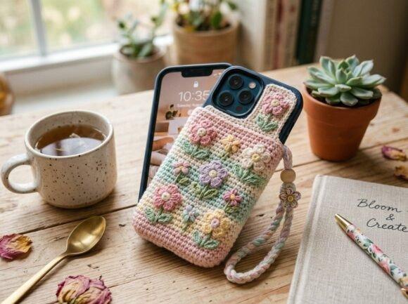 Crochet Flower Phone Case — crochet patterns Crochet Flower Phone Case with floral design and smartphone — crochet patterns