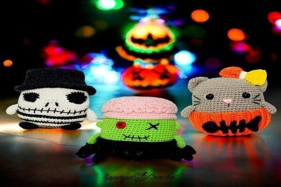 Halloween Amigurumi Mini Set — Halloween amigurumi patterns Halloween amigurumi patterns featuring a skeleton, monster, and pumpkin cat.