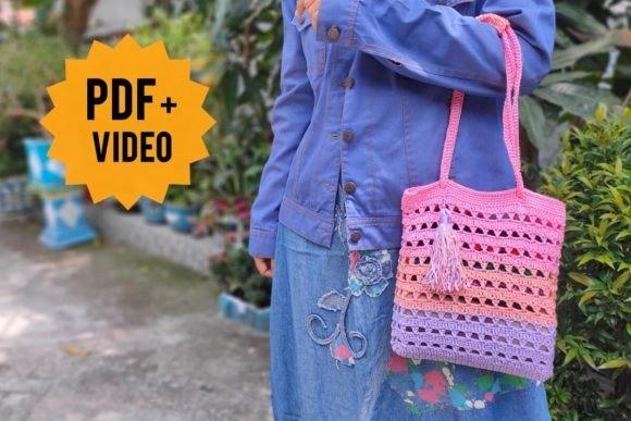 Crochet Bag Patterns Crochet market bag pattern in pink and purple colors, ideal for shopping. — crochet bag patterns