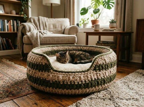 Crochet Pet Bed — crochet patterns Crochet pet bed with a cat resting inside, set in a cozy living room. — crochet patterns