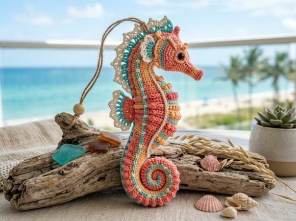 Crochet Seahorse Amigurumi — crochet patterns Crochet Seahorse Amigurumi on a beach-themed backdrop — crochet patterns