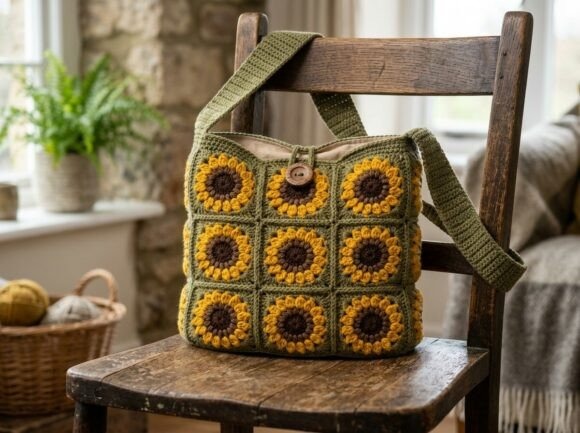 Crochet Sunflower Shoulder Bag — crochet patterns Crochet sunflower shoulder bag with green strap and floral design — crochet patterns
