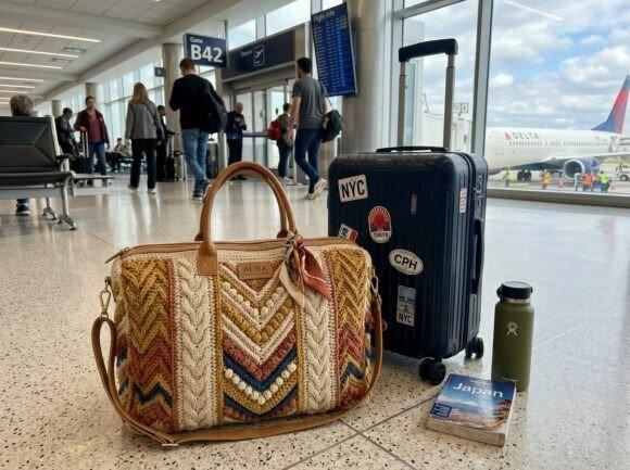 Crochet Travel Bag — crochet patterns Crochet travel bag at airport with suitcase and book — crochet patterns