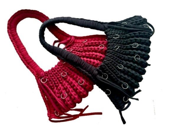 Crochet Bag Patterns Crochet bag patterns featuring a red and black Dusk Bag design.