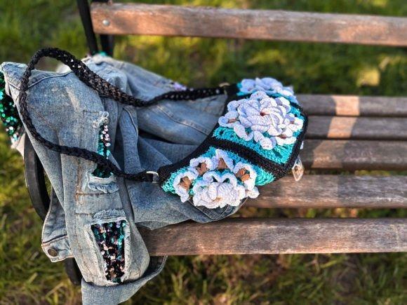 Crochet Bag Patterns Crochet bag patterns featuring a granny square belt bag on a bench with denim jacket.