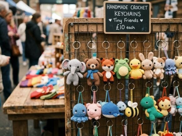 Cute Amigurumi Keychains — crochet patterns Cute amigurumi keychains displayed at a market. — crochet patterns