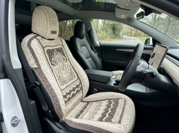 Designer Crochet Seat — crochet patterns Crochet seat cover in a car interior — crochet patterns