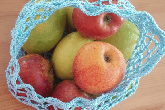 Drawstring Net Bag — things to crochet for creative handmade Drawstring net bag filled with apples and pears — things to crochet for creative handmade