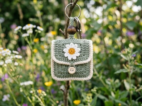 Crochet Keyring Pattern — crochet amigurumi keychain Crochet amigurumi keychain in green with flower design