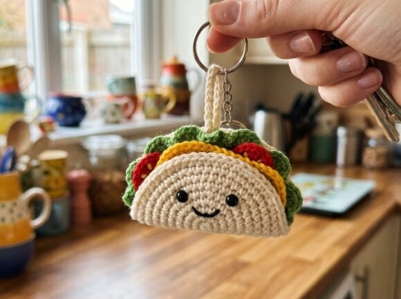 Crochet Taco Keychain — crochet amigurumi keychain Crochet amigurumi keychain of a taco with colorful toppings.