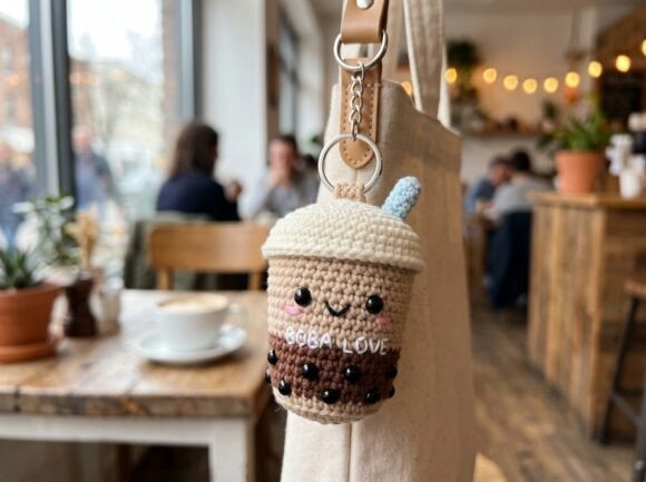 Cute Boba Drink Keychain — crochet amigurumi keychain Crochet amigurumi keychain of a cute boba drink