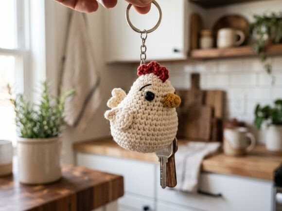 Crochet Amigurumi Keychain Crochet amigurumi keychain of a chicken holding keys