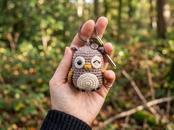 Owl Crochet Keychain — crochet amigurumi keychain Crochet amigurumi keychain in the shape of an owl held in a hand outdoors.