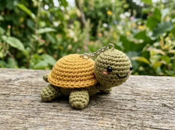 Crochet Amigurumi Keychain Turtle Crochet amigurumi keychain turtle in green and yellow.