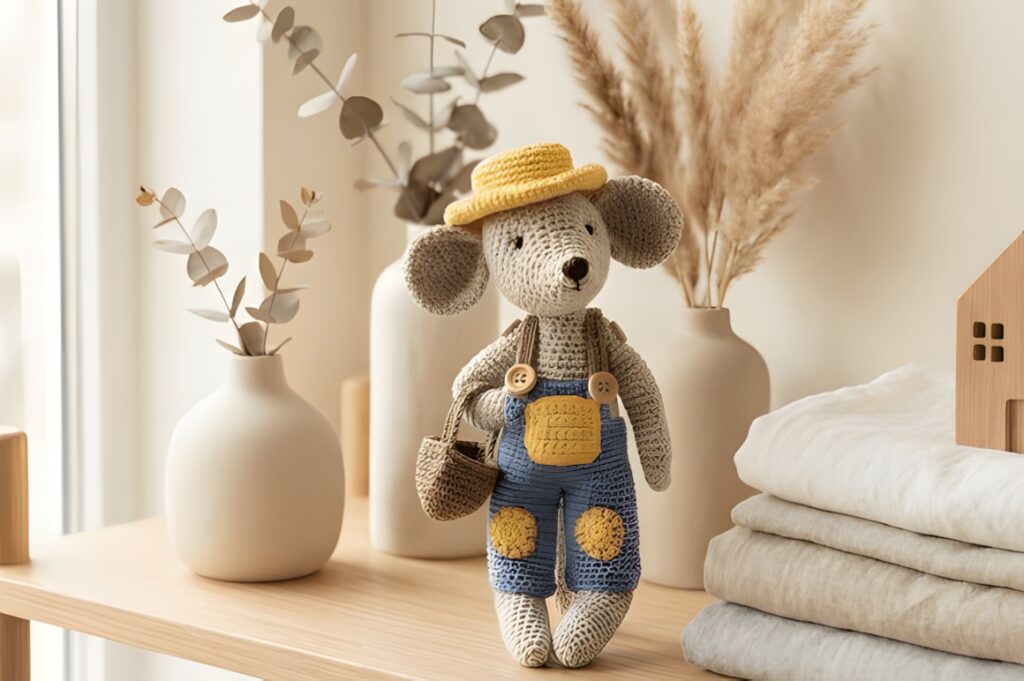 Little Gardener Mouse Crochet Pattern featuring a mouse in overalls and a hat with a basket — Small Crochet Projects: