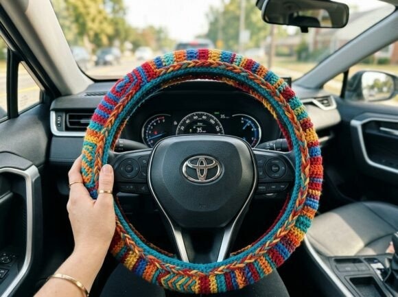 Colorful Crochet Steering Wheel Cover — crochet patterns Colorful crochet steering wheel cover in a car — crochet patterns