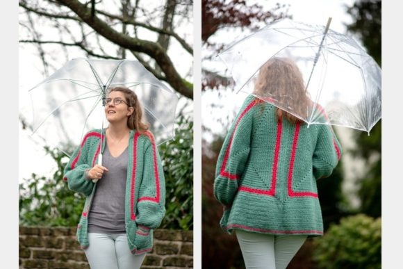 Mathilda's Cardigan — things to crochet for creative handmade Mathilda's Cardigan in green with red accents, worn by a woman under an umbrella. — things to crochet for creative handmade