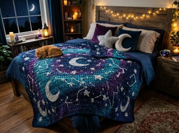 Moon Crochet Blanket — crochet patterns Moon Crochet Blanket with celestial design on a bed — crochet patterns