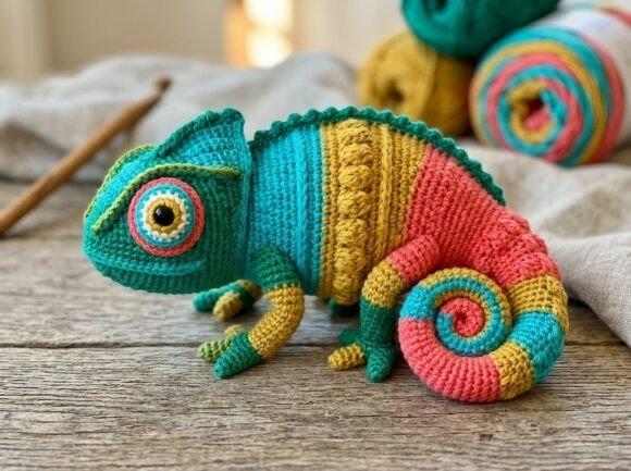 Rainbow Chameleon Crochet — crochet patterns Colorful crochet chameleon in vibrant hues of blue, green, and yellow. — crochet patterns