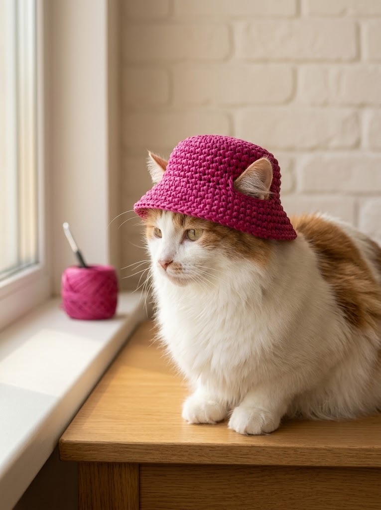 Pink Bucket Hat Crochet — things to crochet for creative handmade Cat wearing a pink crochet bucket hat on a wooden table — things to crochet for creative handmade