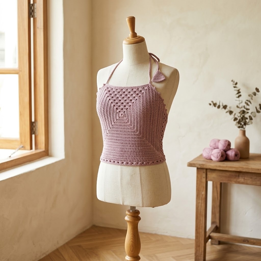 Granny Square Halter Top — crochet tops patterns Granny Square Halter Top crochet pattern in pink on a mannequin — crochet tops patterns