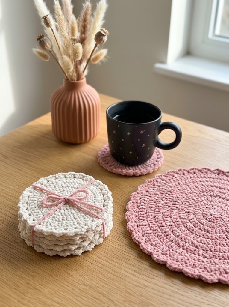 Crochet Coasters and Placemat — things to crochet for creative handmade Crochet coasters and placemat in a home setting — things to crochet for creative handmade
