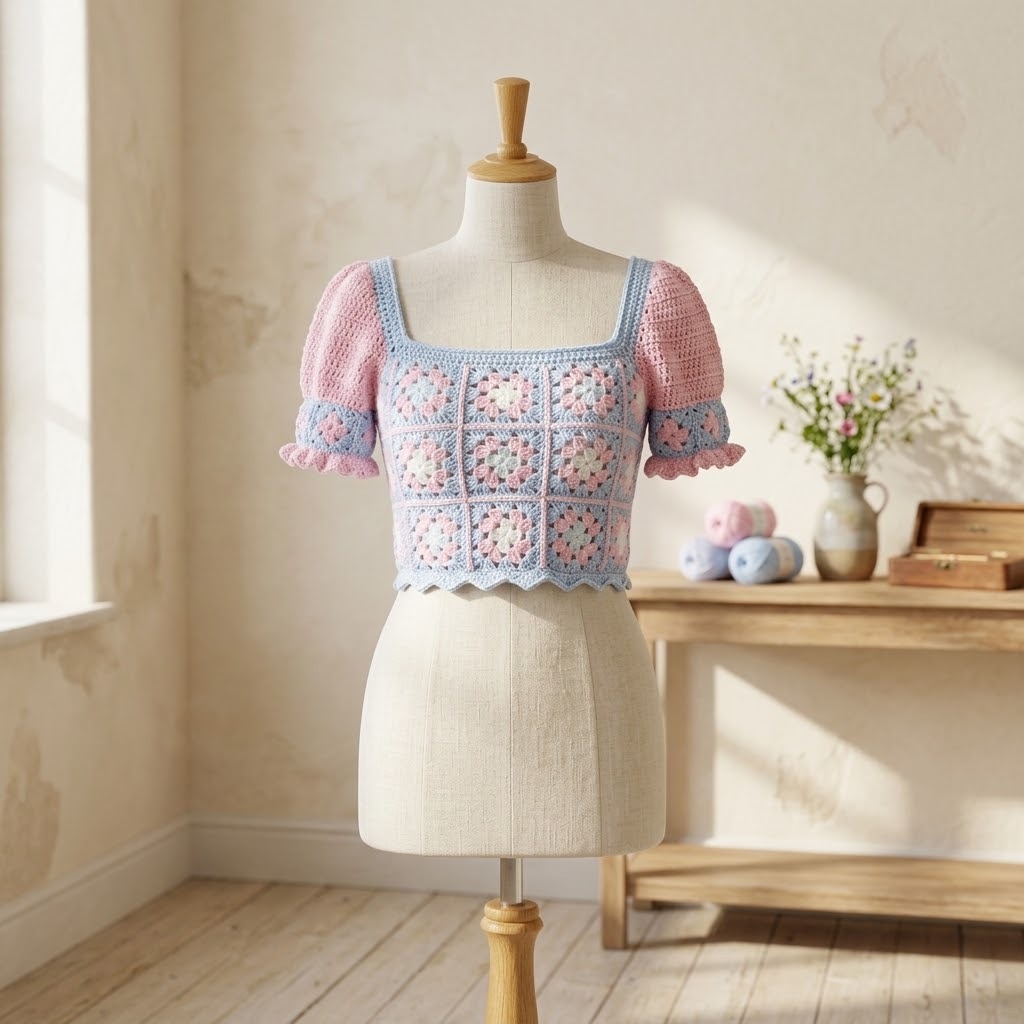 Granny Square Crop Top Pattern — crochet tops patterns Granny Square Crop Top Digital Pattern featuring granny squares in pink and blue. — crochet tops patterns