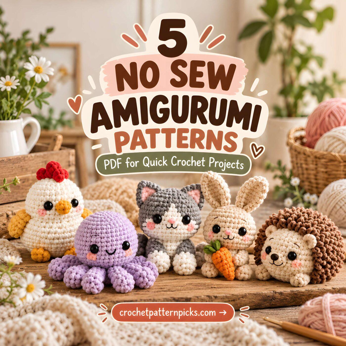 5 best no sew amigurumi crochet patterns PDF for quick projects featuring cute animals.