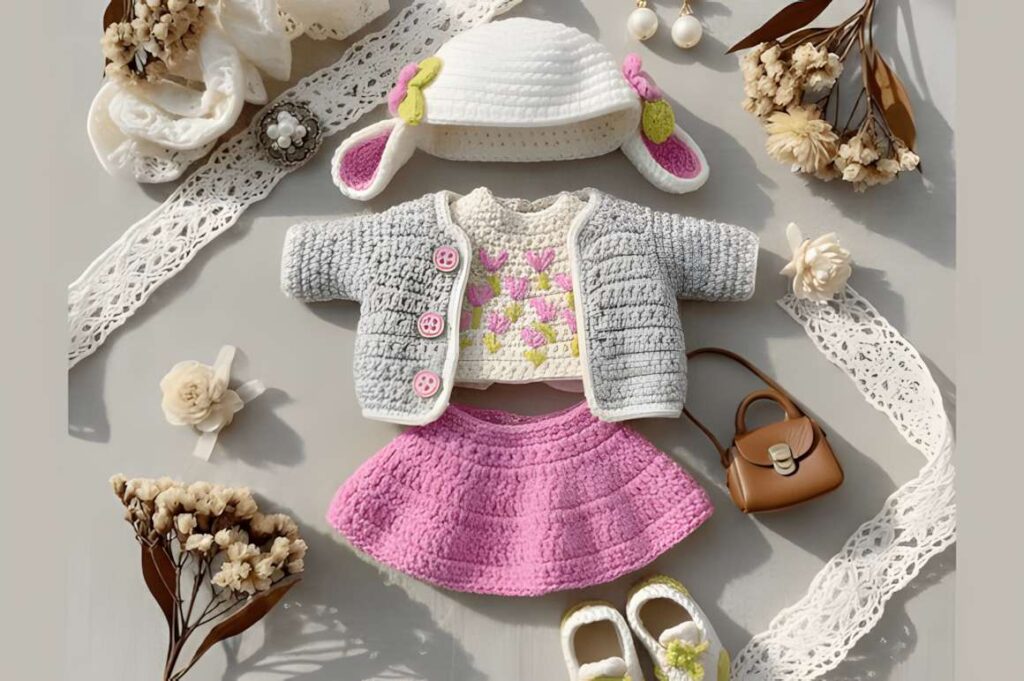 Amigurumi crochet patterns featuring a lamb hat doll with clothing accessories.