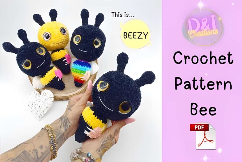 Amigurumi crochet patterns featuring bee characters in various colors.