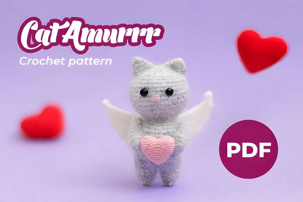 Amigurumi crochet patterns featuring Cat Amurrr character with heart.