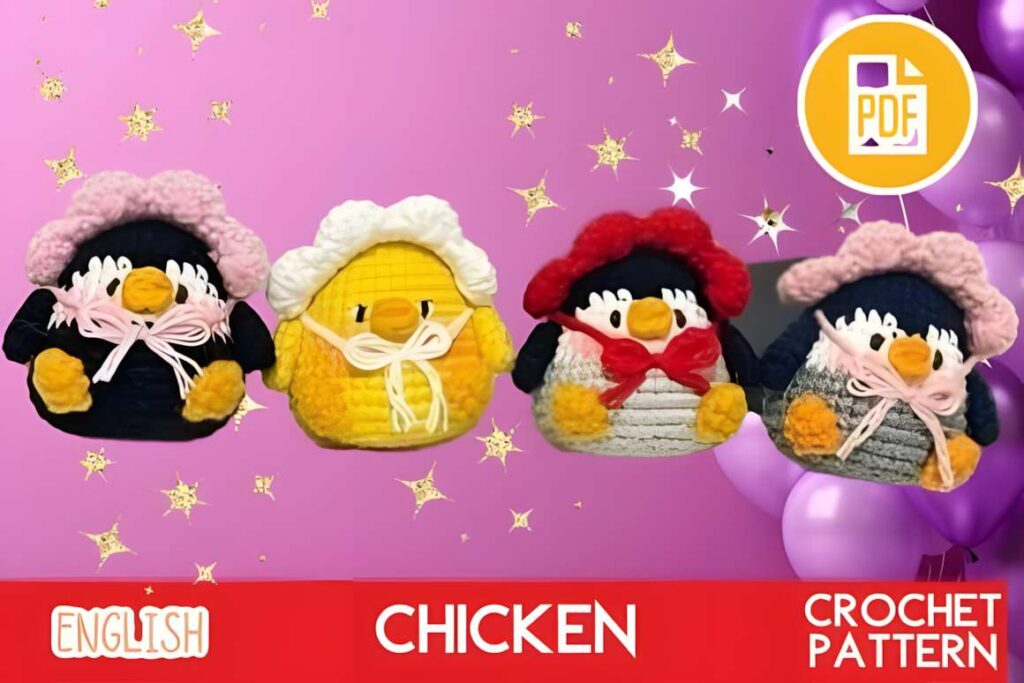 Amigurumi crochet patterns featuring colorful chicken characters for Easter.