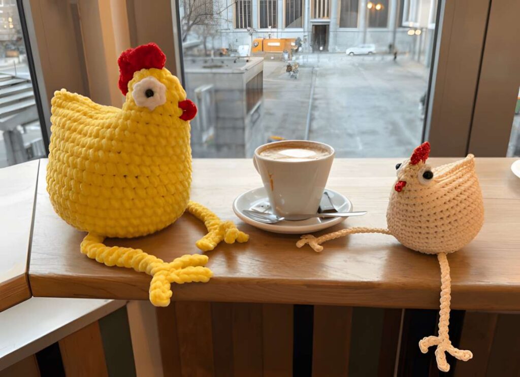 No sew amigurumi crochet patterns featuring a yellow chicken and a white chick beside a coffee cup.