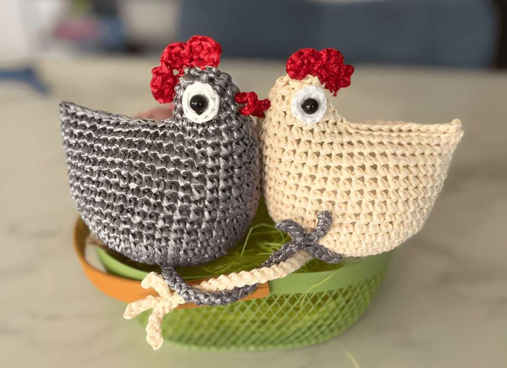 Amigurumi crochet patterns featuring two colorful chicken characters.