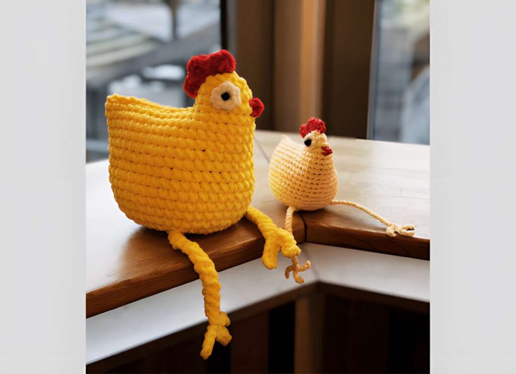 No sew amigurumi crochet patterns featuring a chicken and chick plushie.