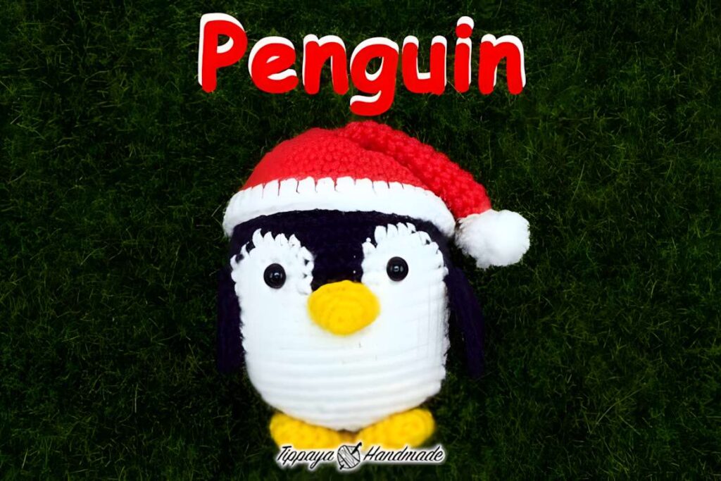 Christmas Amigurumi Penguin wearing a Santa hat, part of amigurumi crochet patterns.