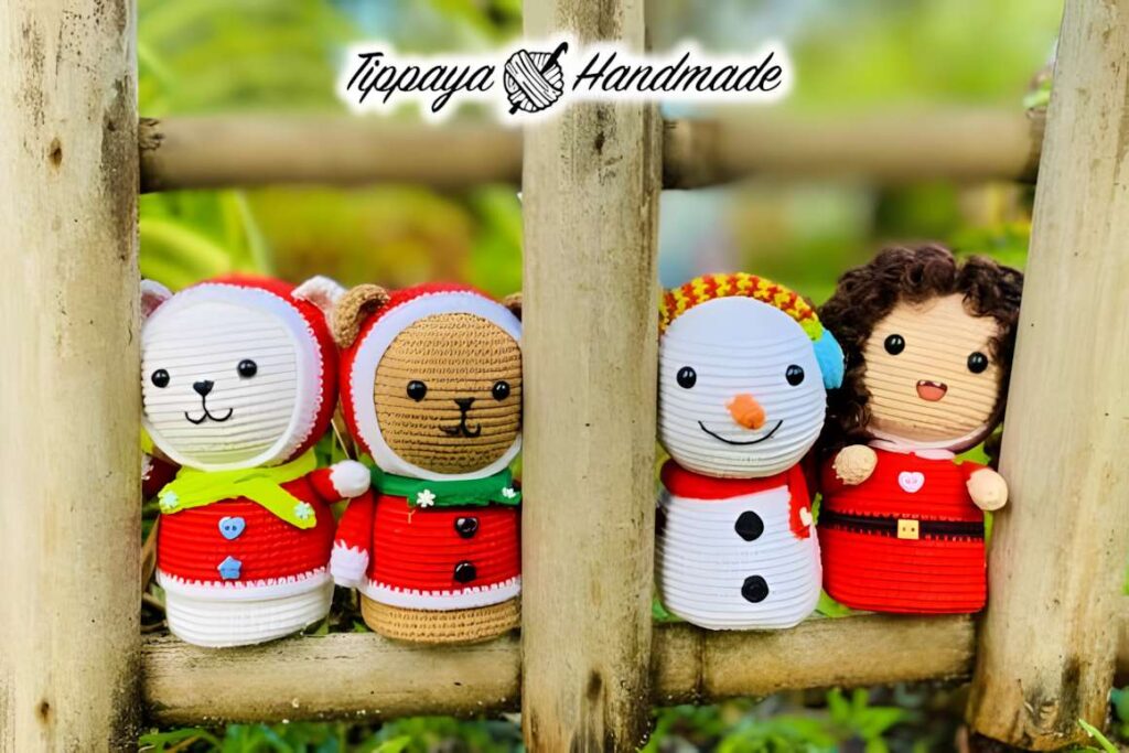 Christmas-themed amigurumi crochet patterns featuring a snowman, reindeer, and other characters.
