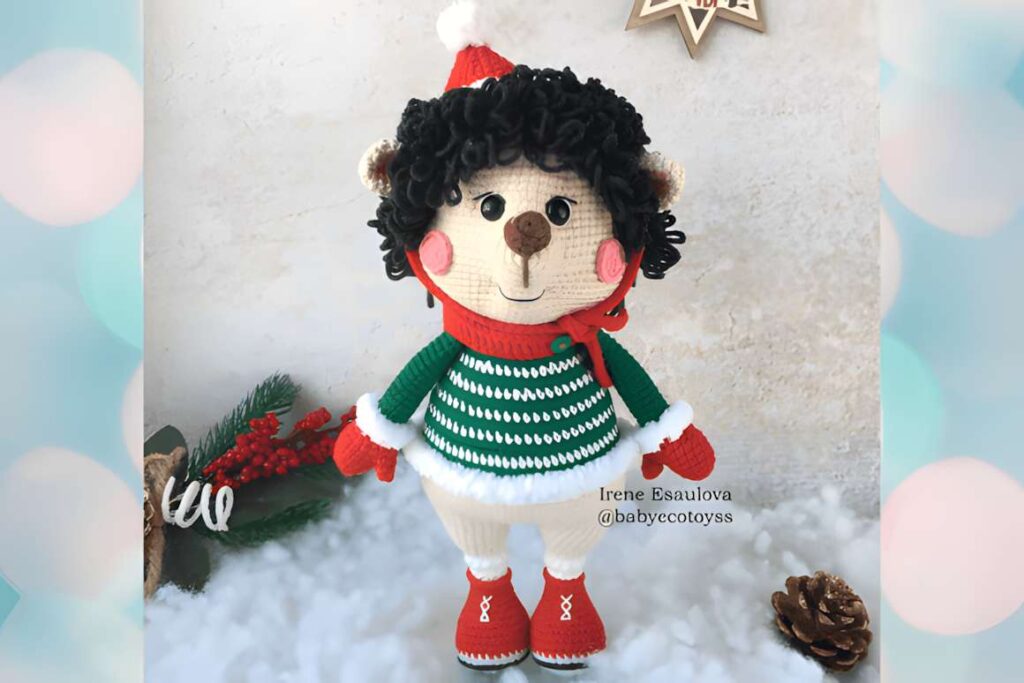 Amigurumi crochet patterns featuring a Christmas hedgehog in festive attire.